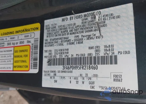 2015 Ford Fusion Se from USA, damaged, VIN 3FA6P0H95FR218460